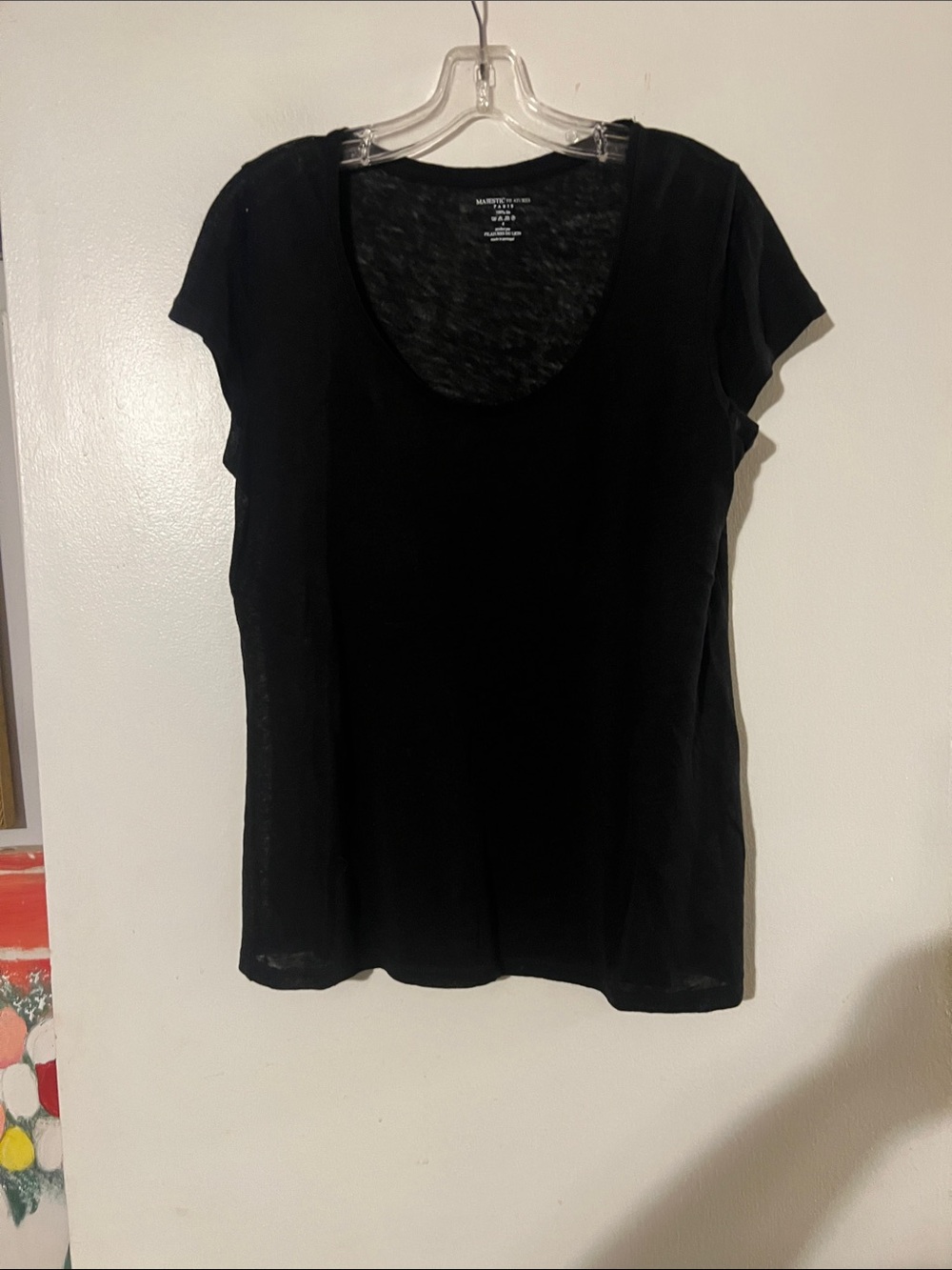 Majestic Paris black cap sleeve 100% linen tee
